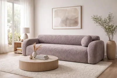 Obrázok produktu pre Moderná sivá trojsedačka – dizajnová pohovka z látky a dreva v minimalistickom štýle
