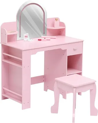 Produktbild von Kinderschminktisch - Frisiertisch mit Hocker 2-in-1 - Beleuchteter Spiegel - Regal und Schublade - Holzrahmen - Rosa