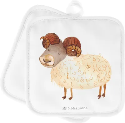 Produktbild von Mr. & Mrs. Panda Topfuntersetzer Sternzeichen Widder - Weiß - Geschenk, Topflappen, Bock, Topflappenset, Geburtstag März, topfhalter, Kochlappen, April, Set, Schafbock