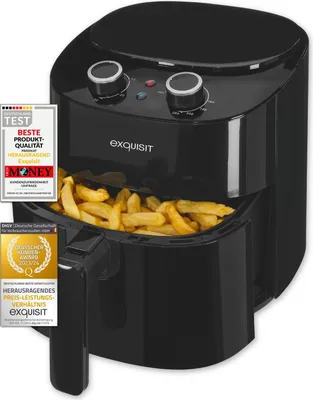 A black air fryer filled with french fries, with several awards and certifications displayed on the left side.
