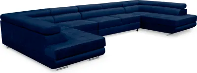 A large, dark blue sectional sofa is shown from a side angle against a white background.