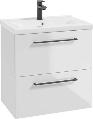 Produktbild von Einzel-Waschtisch in weiß Hochglanz lackiert mit Metallgriffen in schwarz, 2 Schubladen und Keramikwaschbecken MESSINA-107, B/H/T ca. 62/65/41 cm