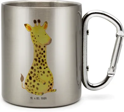 Produktbild von Mr. & Mrs. Panda Karabiner Becher Giraffe Zufrieden - Transparent - Geschenk, Aus Edelstahl, Edelstahl-Thermobecher, Trinkbecher, Afrika, Thermobecher, Abenteuer, Glück