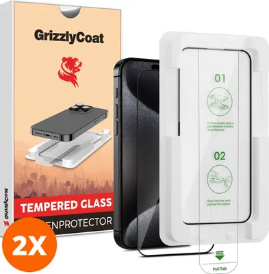 Produktbild von GrizzlyCoat AlignPro iPhone 15 Pro Panzerglas Gehärtetes Glas Displayschutz - Hüllenfreundlich + Applikator - Schwarz (2er Pack)