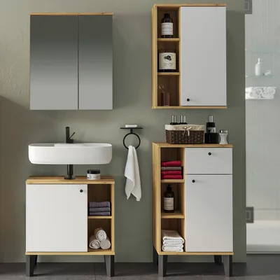 Produktbild von Badmöbel-Set 4-teilig mit Waschbeckenunterschrank 60 cm, Spiegelschrank, in Eiche mit weiß OLEAN-61