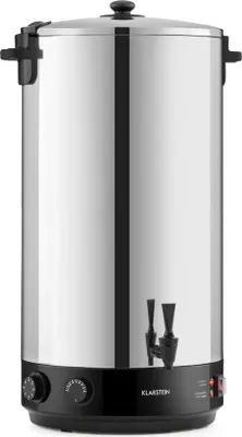 A stainless steel electric kettle with a black base and controls.