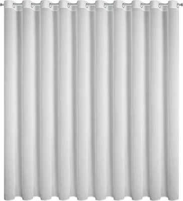 A white curtain with grommets hanging from a rod.