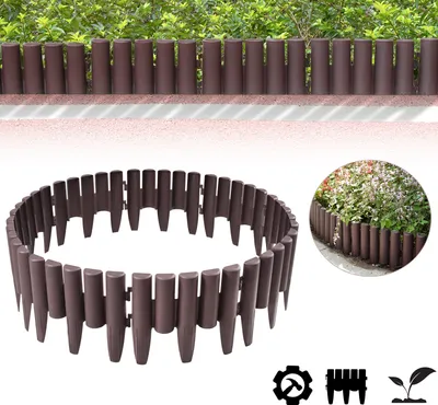 A collage of images showing brown garden edging in various configurations, including a straight line and a circle, with a small inset image of the edging around a flower bed.