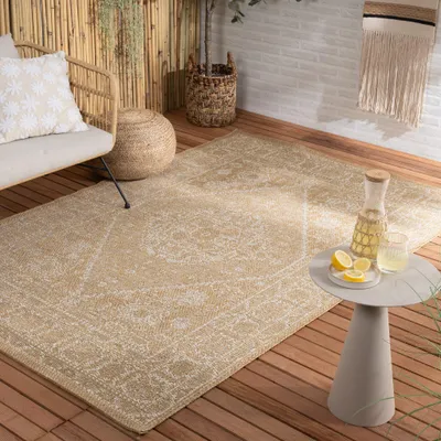 Produktbild von Volero - Outdoor Jute Teppich - Daisy Medaillon Weiß - 120x170 cm - Wohnzimmer, Esszimmer, Balkon, Garten, Terrasse, Wintergarten - Boho