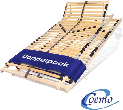 A wooden bed slatted base, shown from a diagonal angle against a white background.