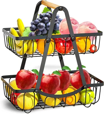 Obrázok produktu pre Omgoods – Dvojposchodový ovocný kôš s drevenou rúčkou