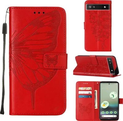 Produktbild von Google Pixel 6A Hülle, Schmetterling Prägung Flip Leder Kartenfächer Schutzhülle Ledertasche mit Ständer für Google Pixel 6A Rot