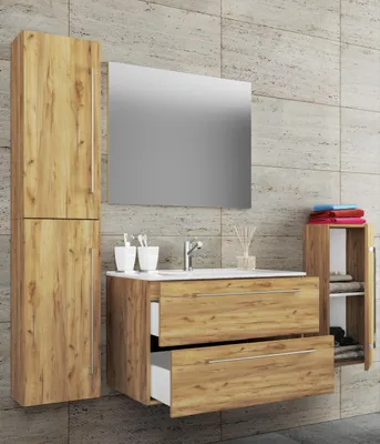 Produktbild von VCM 5-tlg. Set | 1 Waschtisch mit zwei Schubladen, 1 Spiegel, 1 Waschbecken, 1 Midischrank, 1 Hochschrank | Keramik Waschbecken | hängend Unterschrank 80 cm | Badmöbel Set Waschplatz – Badinos