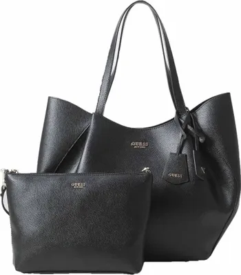 A black Guess tote bag and matching pouch are displayed against a white background.