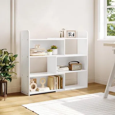 Productafbeelding van Famanu boekenkast met 4 niveaus, verstelbare breedte 60-110 cm, 6 vakken, geschikt voor woonkamer, slaapkamer, kantoor