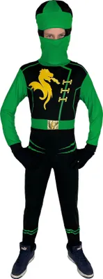 A child wearing a green and black ninja costume.