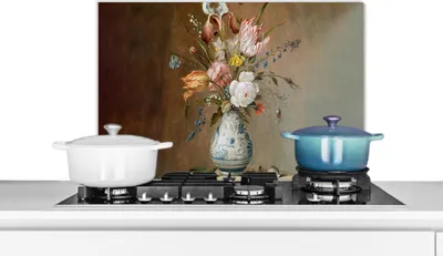 Produktbild von KitchenYeah®  Spritzschutz Küche - Küchenrückwand - Wandschutz für Herd und Spüle - Alte Meister - Blumen - Balthasar van der Ast 70x50 - Alu-Dibond (Alternative zum Spritzschutz aus Glas) - Hitzebest