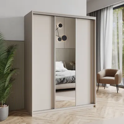 Produktbild von Masseno Schiebetürenschrank TAVI 150/205/60 cm Kleiderschrank mit Schubladen Schlafzimmer Schrank 3-türig mit Spiegel Kaschmir + Satin
