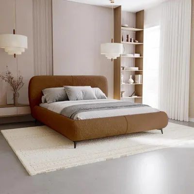 Produktbild von Chilly Möbel Design Bett Kyoto - Polsterbett im Japandi-Stil mit Bettkasten und Kopfteil 140x200 cm / Metallrahmen / Bouclé / Ziegelrot