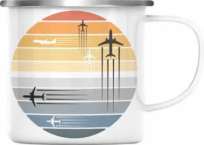 Produktbild von Trendation - Pilot Geschenk Emaille Tasse Flugzeug Fliegen Geschenkidee Piloten Emaille Emaille Tasse Grafik (Silber)