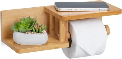 Immagine prodotto di Portarotolo da bagno con ripiani - Porta cellulare - Rotolo di ricambio - Bambù - 9x31x12,5 cm - Porta carta igienica - Naturale