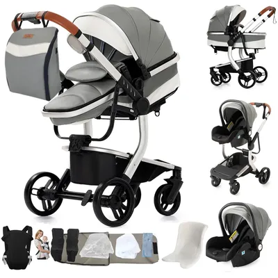 Produktbild von 3-in-1 Kinderwagen - Kombikinderwagen mit Babywanne und Babyschale - Faltbar - Babyschalenkompatibel - Leinen - Tragkraft über 20 kg - Grau