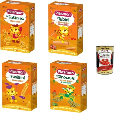 Produktbild von Plasmon Pasta testpaket dinosauri, tubini, fusillini, la fattiria 4x 250g + Italian Gourmet polpa 400g