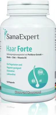 Produktbild von SanaExpert Haar Forte, Nahrungsergänzung für Haare und Haarwurzel, Perlhirse, Biotin und Zink, 120 Kapseln