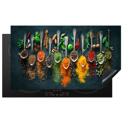 Produktbild von KitchenYeah© Herdabdeckplatte Kräuter - Gewürze - Löffel , 91x52cm, Küche Deko, Glaskeramikkochfeld Herdabdeckung, Abdeckplatte fùr Kochfeld