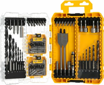 Two open tool cases containing drill bits and other accessories.