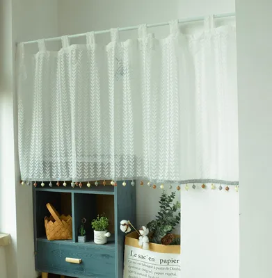 Productafbeelding van Vitrage - Transparant - Voile gordijn met elegant patroon - Korte gordijnen - Keukengordijn - Landhuisstijl - Bistrogordijnen met kogelrand - Wit