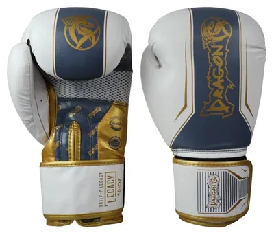 Obrázok produktu pre Dragon Legacy: Profesionálne boxerské a kickboxerské rukavice, 10-12-14-16 oz, vyrobené z kvalitnej syntetickej kože, čierno-biele. Ergonomická ochrana vhodná pre Muay Thai, MMA a sparing, dámske a pánske. (Biele, 12 oz)