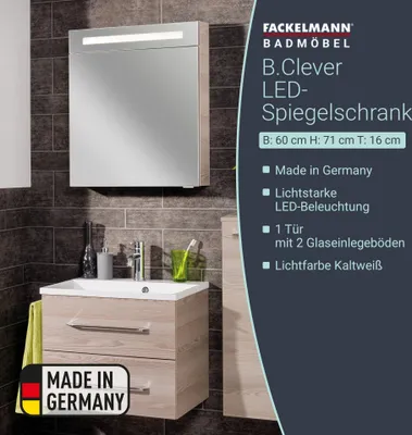 Produktbild von FACKELMANN Spiegelschrank B.CLEVER / eintürig / Spiegelschrank mit gedämpften Scharnieren / Maße (B x H x T): ca. 60 x 71 x 16 cm / hochwertiger Spiegelschrank / Möbel fürs Bad / Korpus: Braun hell