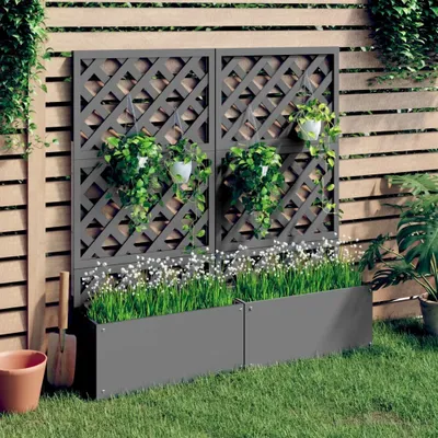 Produktbild von "Rabatt" Blumenkästen mit Rankgittern 2 Stk. - Stabile Konstruktion - Grau 65x33x135 cm WPC - Beete CC7547
