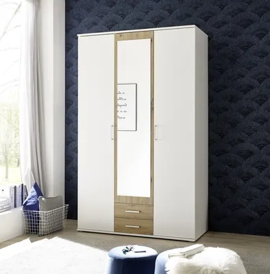 Produktbild von Kleiderschrank "Hanau" in Weiß / Artisan Eiche mit 2 Schubladen und 3 Türen. Abmessungen (BxHxT) 120x196x54 cm