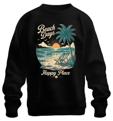 Imagen del producto de Sudadera con cuello redondo, diseño "Días de playa, lugar feliz", con motivos de palmeras, playa, atardecer y mar. Color: . Talla: 3XL