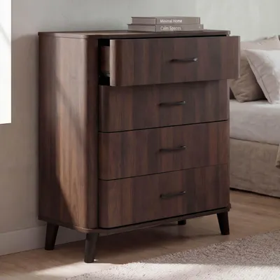 Zdjęcie produktu dla Komoda HWC-P42, kredens, 4 szuflady, MDF 92 x 80 x 40 cm ~ wykończenie imitujące orzech