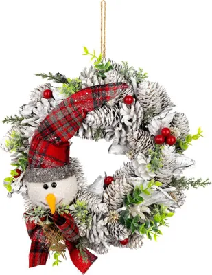 Image de Couronne MagicHome Noel, naturelle, blanche, avec bonhomme de neige, 31x8 cm