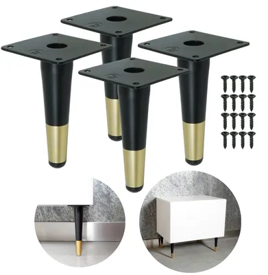 Produktbild von Stahl Möbelbein konisch 13 cm, mit Montageplatte und Schrauben, schwarz + Messing, 4 Stück