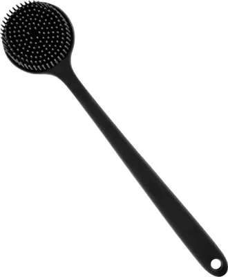 A black long-handled back brush with a circular head covered in bristles, isolated on a white background.