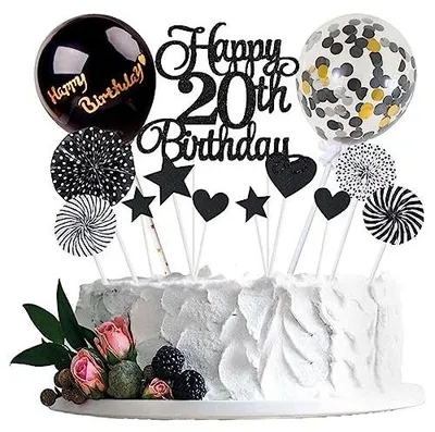 Zdjęcie produktu dla Toppery urodzinowe czarne do tortu happy birthday 20 dekoracja 13 szt.