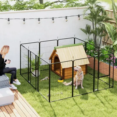 Produktbild von Sweiko Welpenlaufstall 12-teilig Welpenauslauf mit 12 Gitterplatten Tür Erdspießen flexibel faltbar Schutzplane 100cm hoch