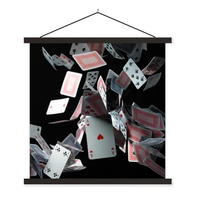 Produktbild von MuchoWow® Textilposter Durch die Luft fliegende Spielkarten 120x120 cm mit schwarzem Rahmen - Aufhängungsset