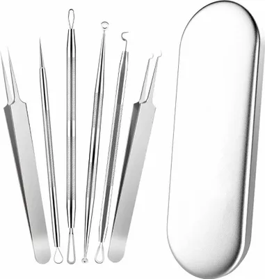 Produktbild von 6 Stücke Mitesserentferner Komedonenquetscher Set Pinzette Zupfen Kit mit Metall-Box Blackhead Remover aus Hochwertiger Edelstahl Akne Mitesser Entferner Extraktor Tools