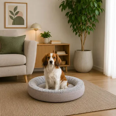 Produktbild von belviona Hundebett rund, Hundekorb in Doughnut-Form, abnehmbarer Bezug, waschbar & rutschfest, 65 cm Durchmesser, grau, KI-generiertes Bild