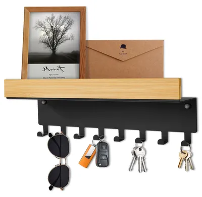Image de Porte-clés mural en bois avec étagère – Porte-clés mural, noir, porte-clés moderne avec 8 crochets pour le couloir, la cuisine ou l'entrée.