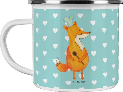 Produktbild von Mr. & Mrs. Panda Teetasse Fuchs Koch - Türkis Pastell - Geschenk, Bäcker, Pott, emaillebecher, Chefkoch, Kochen, Teebecher, Hungrig, Emaille Tasse, becher