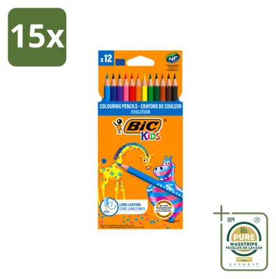 Image de 15 crayons de couleur BIC Kids Evolution, 12 couleurs, lot de 15