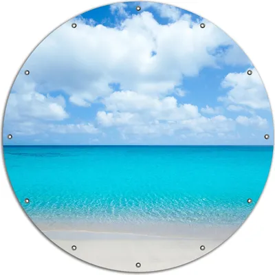 Produktbild von Wallario rundes Outdoor-Poster für Garten oder Balkon, Motiv Sandstrand und blaues Meer, 120 cm Durchmesser