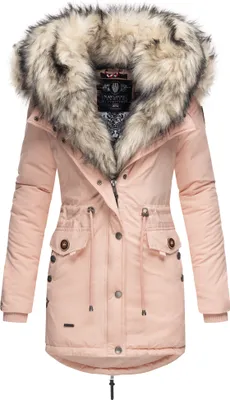 Navahoo Sweety Eleganter Damen Winter Parka mit Kapuze und doppelten Kunstpelzkragen Wintermantel Pelzfrei Vegan Rose Gr. 36 - S